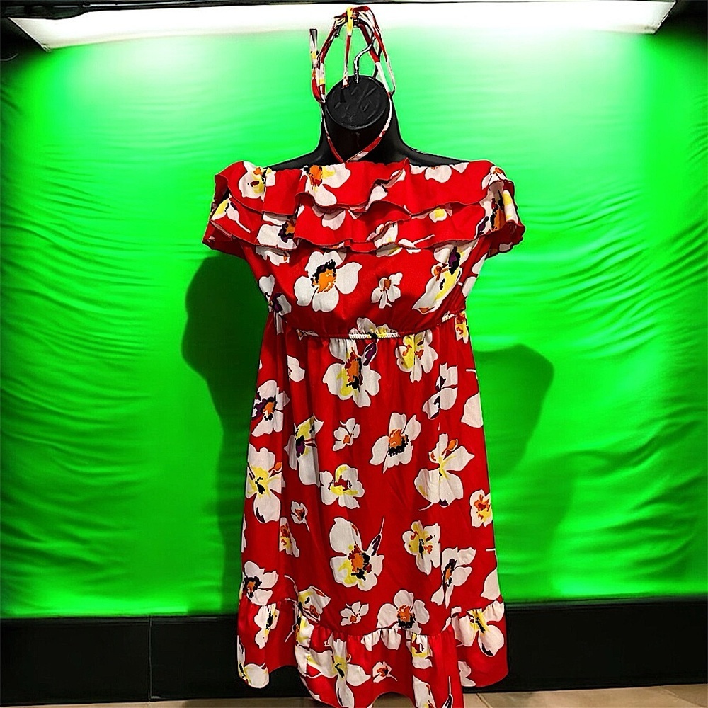 Old navy India made Floral Red Dress LARGE length 32in pit to pit 15in